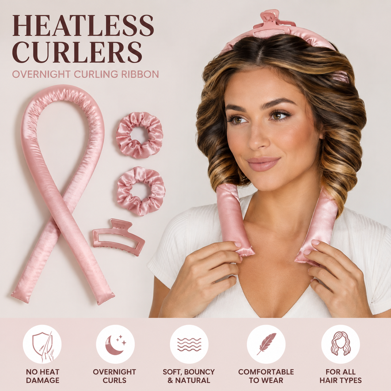 Heatless Hair Roller Headband – Silk No-Heat Curling Ribbon for Overnight Curls