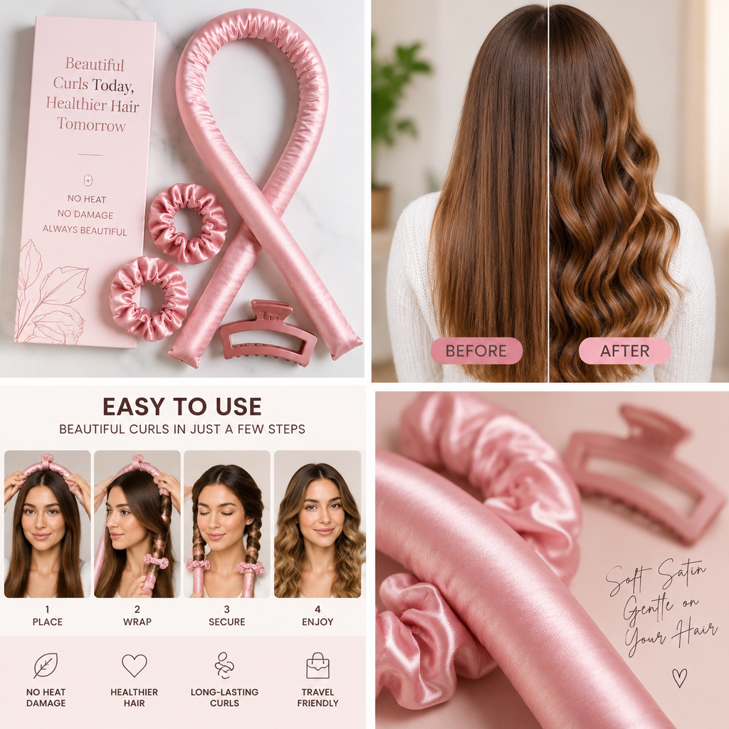 Heatless Hair Roller Headband – Silk No-Heat Curling Ribbon for Overnight Curls