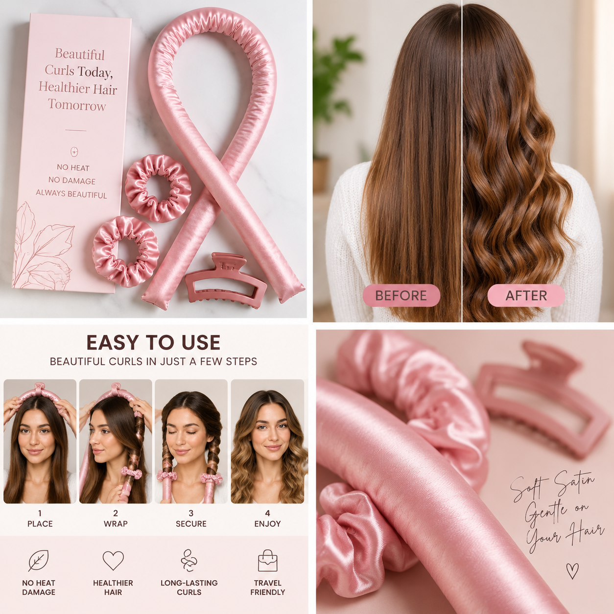 Heatless Hair Roller Headband – Silk No-Heat Curling Ribbon for Overnight Curls